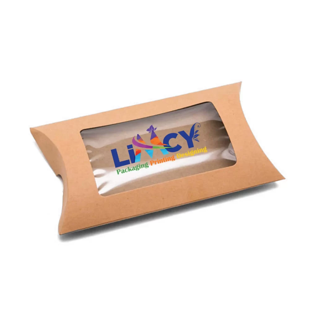 A kraft custom pillow box with a transparent window, featuring the Limcy logo on the front, highlighting professional packaging and branding design.
