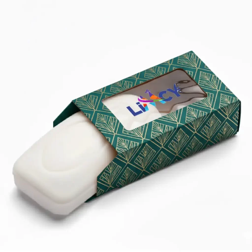 A custom window soap box featuring a clear cut-out design that displays the soap inside while maintaining elegant and eco-friendly packaging.