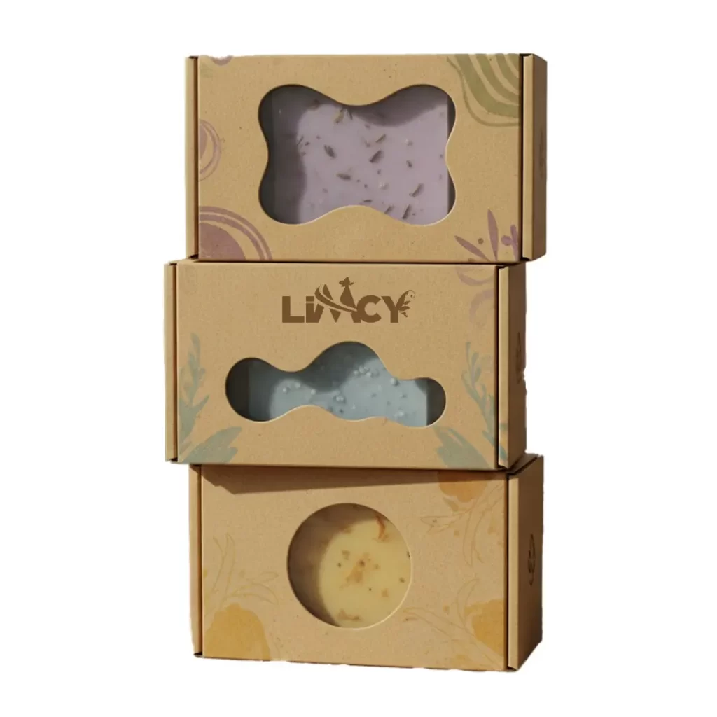 A custom die-cut soap box with a window design to display the soap inside attractively.