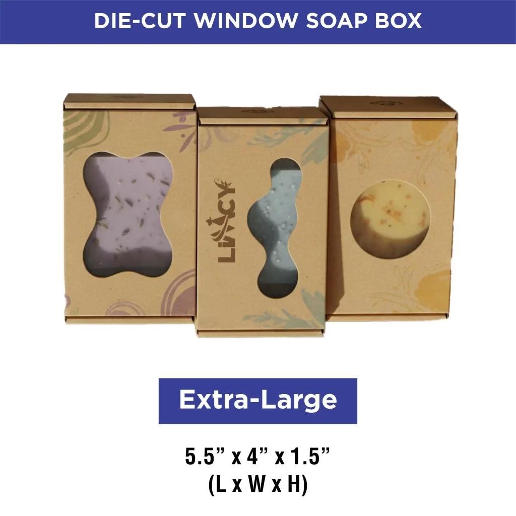 Extra large custom die-cut soap box featuring a visible soap bar through the cutout window, designed for stylish and functional packaging.