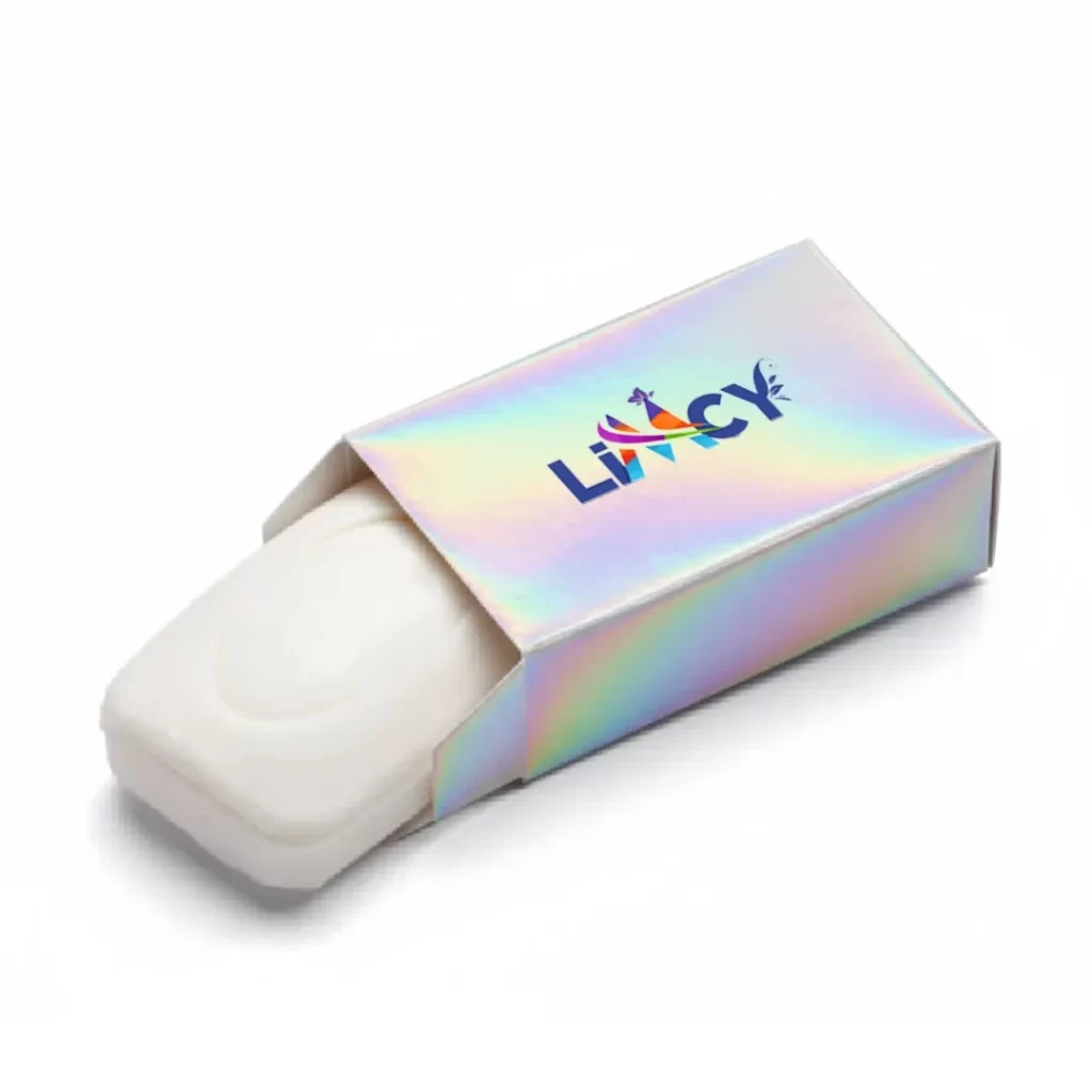 A shiny holographic custom soap box with a reflective finish for luxury soap packaging.