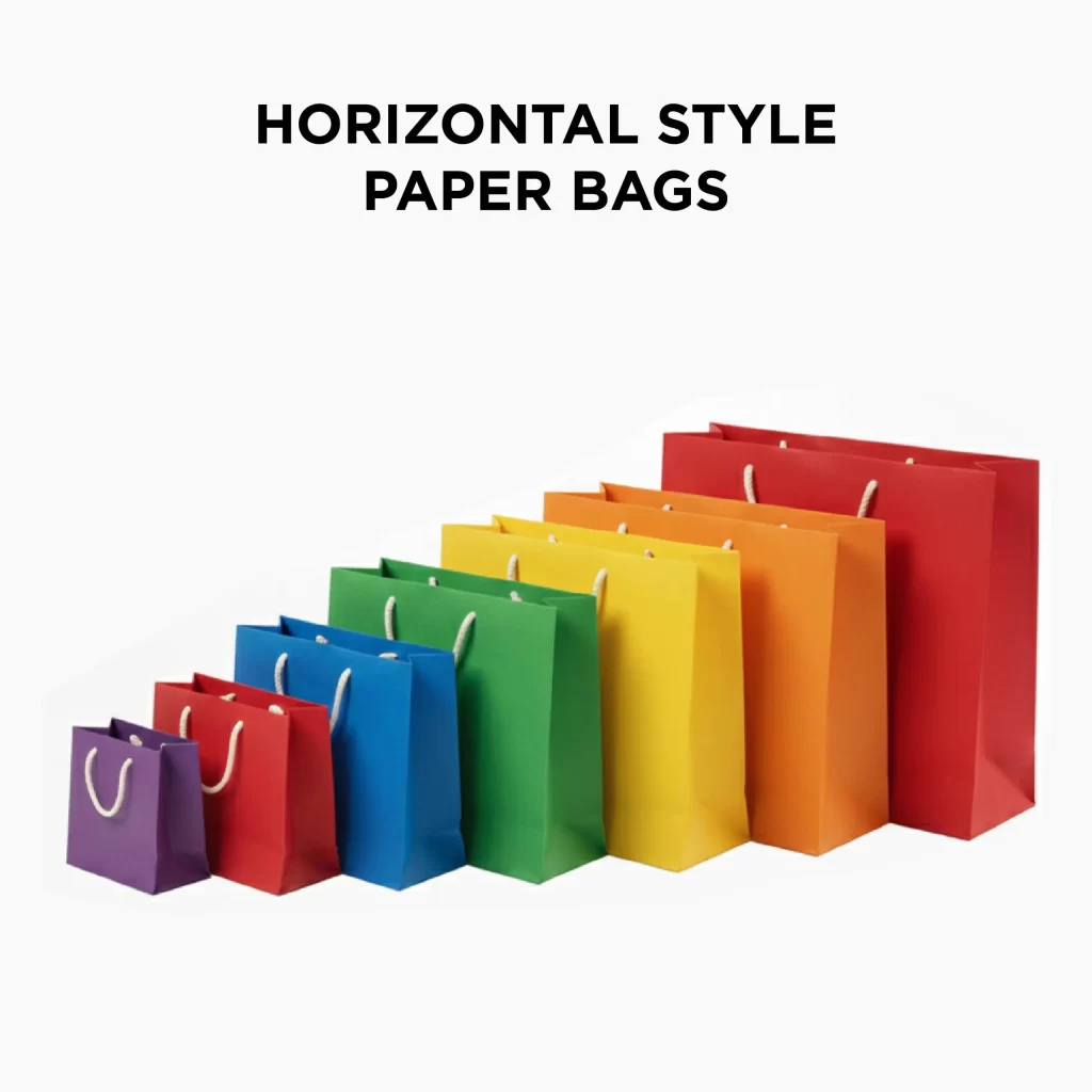 Horizontal style paper bags arranged in a rainbow of colors.