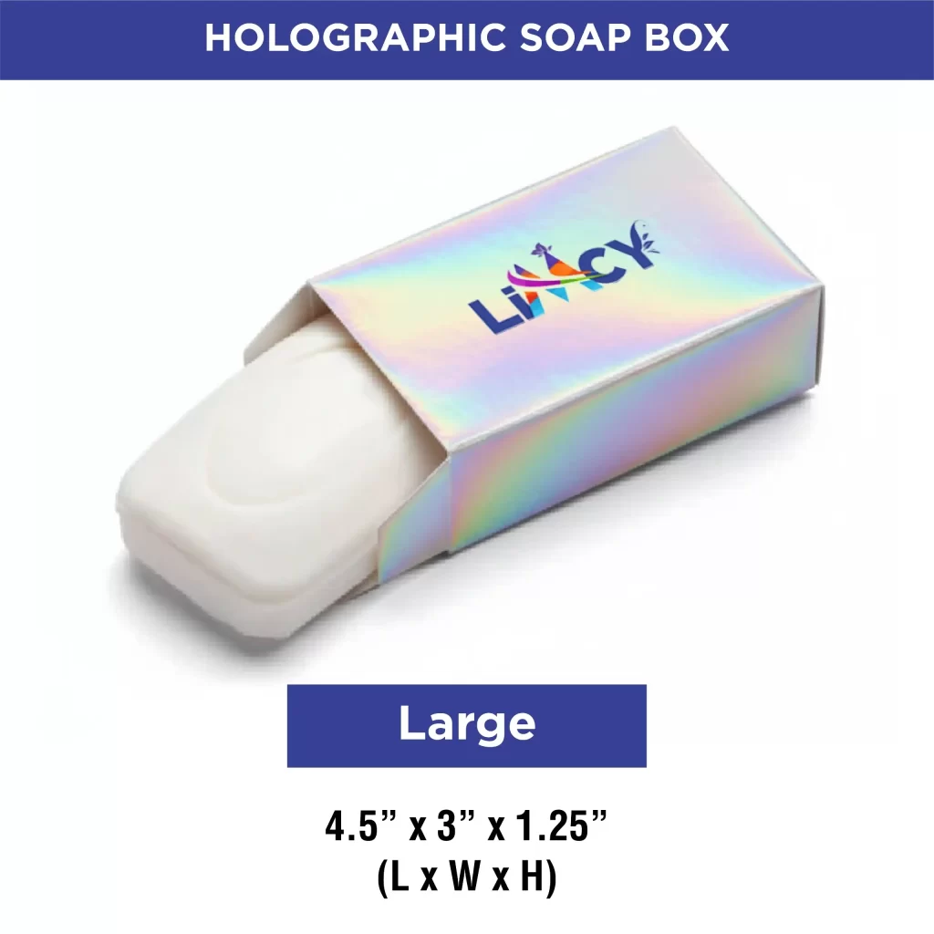 Large custom soap box with a holographic finish, containing a soap bar inside and showcasing a shiny, premium packaging design.