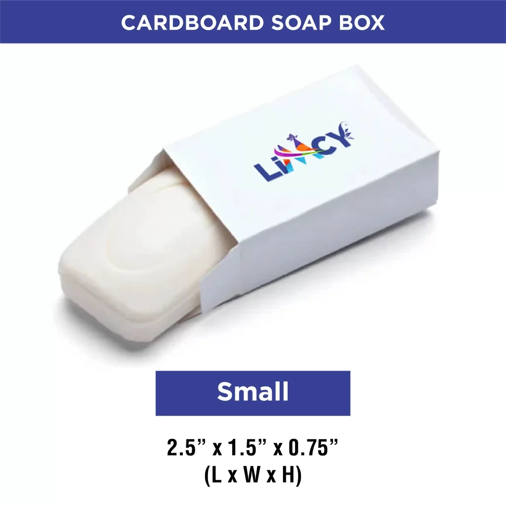 Small custom soap box made of white cardboard with a soap bar inside, displaying brand logo on top.