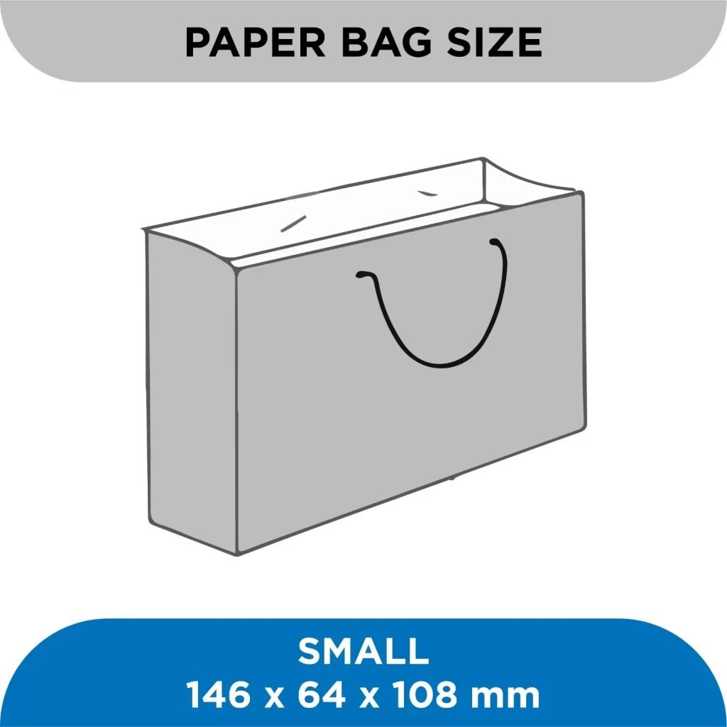 Small paper bag with dimensions 146*64*108mm.