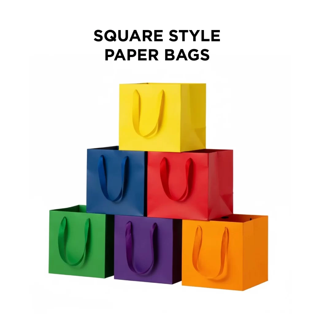 Colorful square style paper bags stacked in different vibrant colors.
