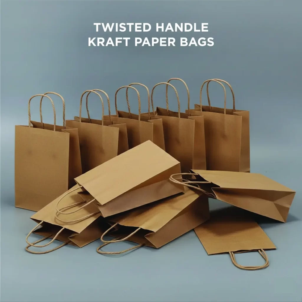 Brown twisted handle kraft paper bags arranged in upright and flat positions, showcasing eco-friendly paper bag designs.