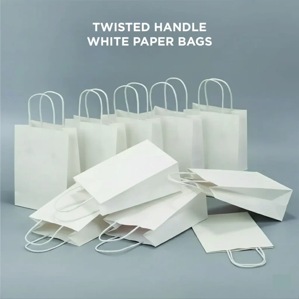 White twisted handle paper bags displayed together, featuring clean and elegant white paper bag designs.