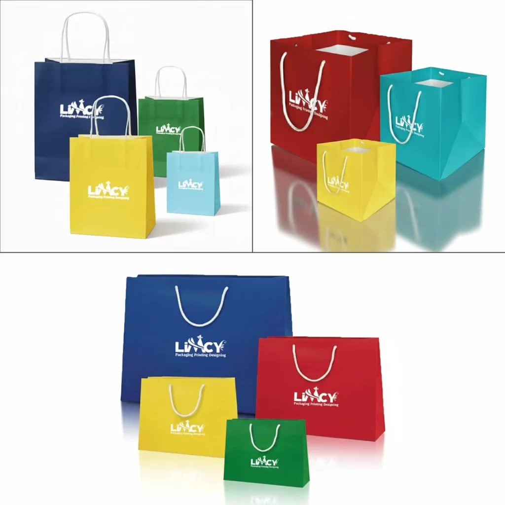 Colorful paper bag designs featuring blue, red, yellow, green, and aqua bags with white rope handles and brand logo.