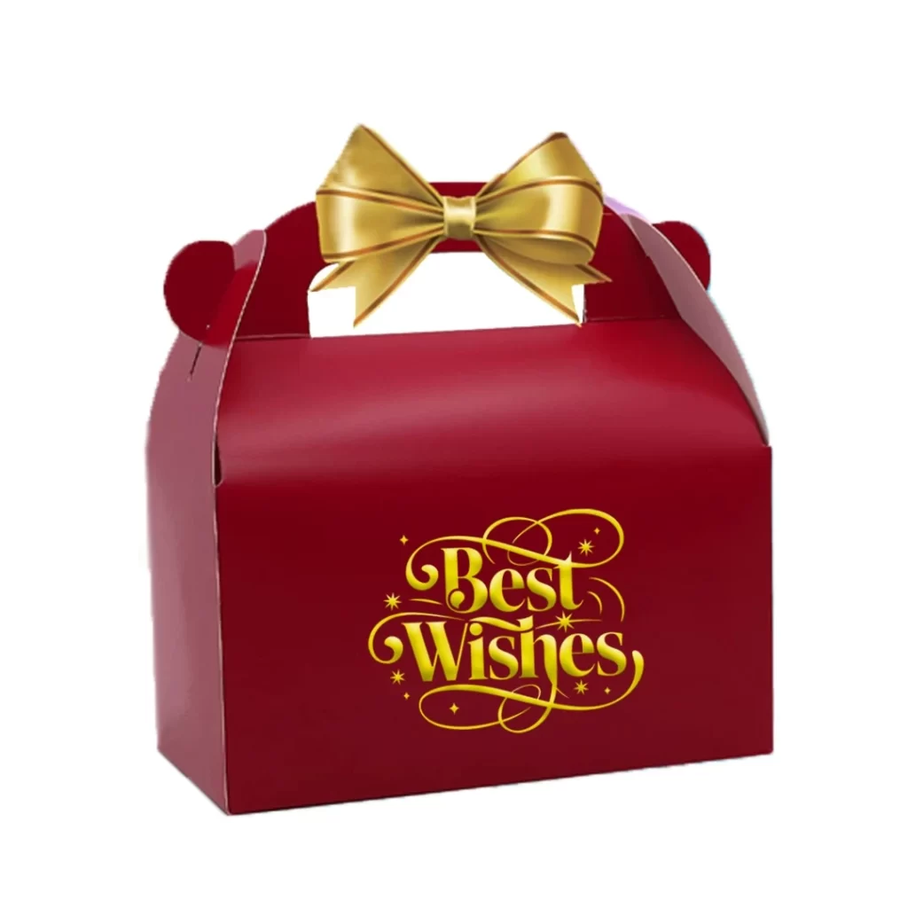 Red celebratory gift packaging box with gold ribbon handle and “Best Wishes” text, ideal for premium and corporate gifting.