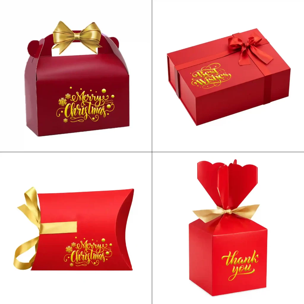 Red celebratory gift packaging boxes in various styles, featuring festive gold text, ribbons, bows, and Christmas-themed designs on a white background.