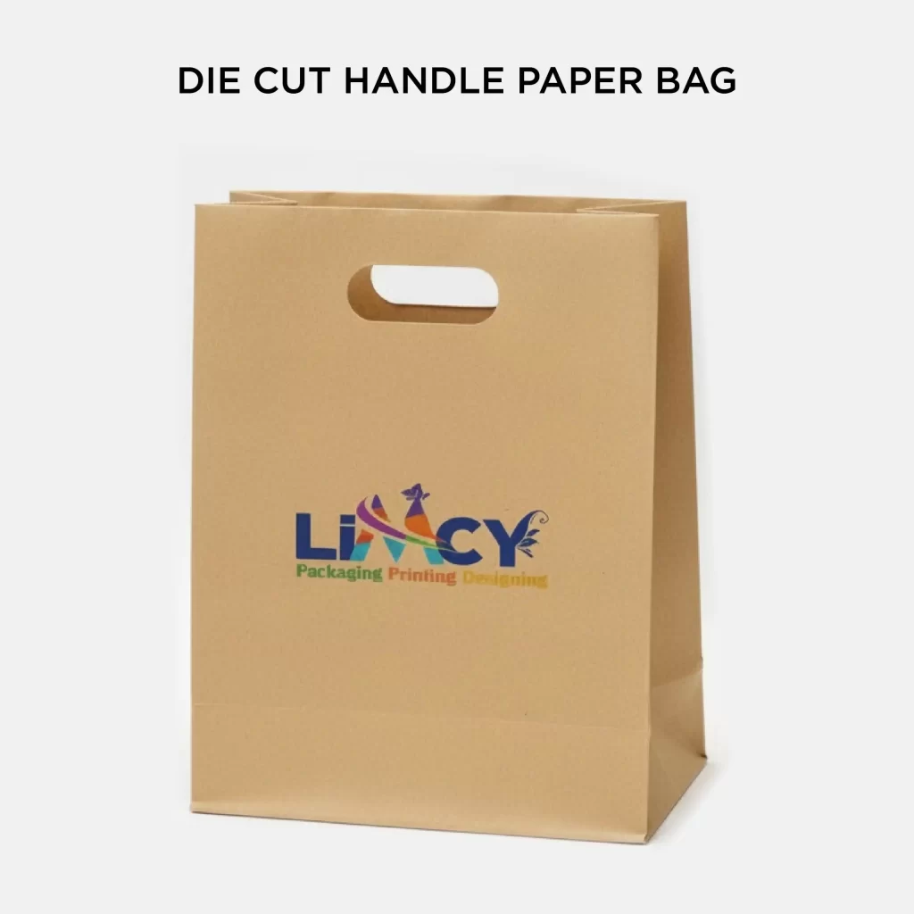 Brown kraft die-cut handle paper bag displaying the Limcy Packaging Printing Designing logo.