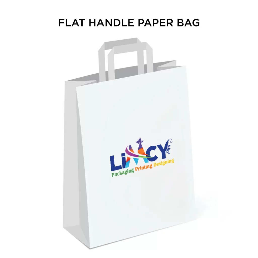 White flat handle paper bag featuring the Limcy Packaging Printing Designing logo.