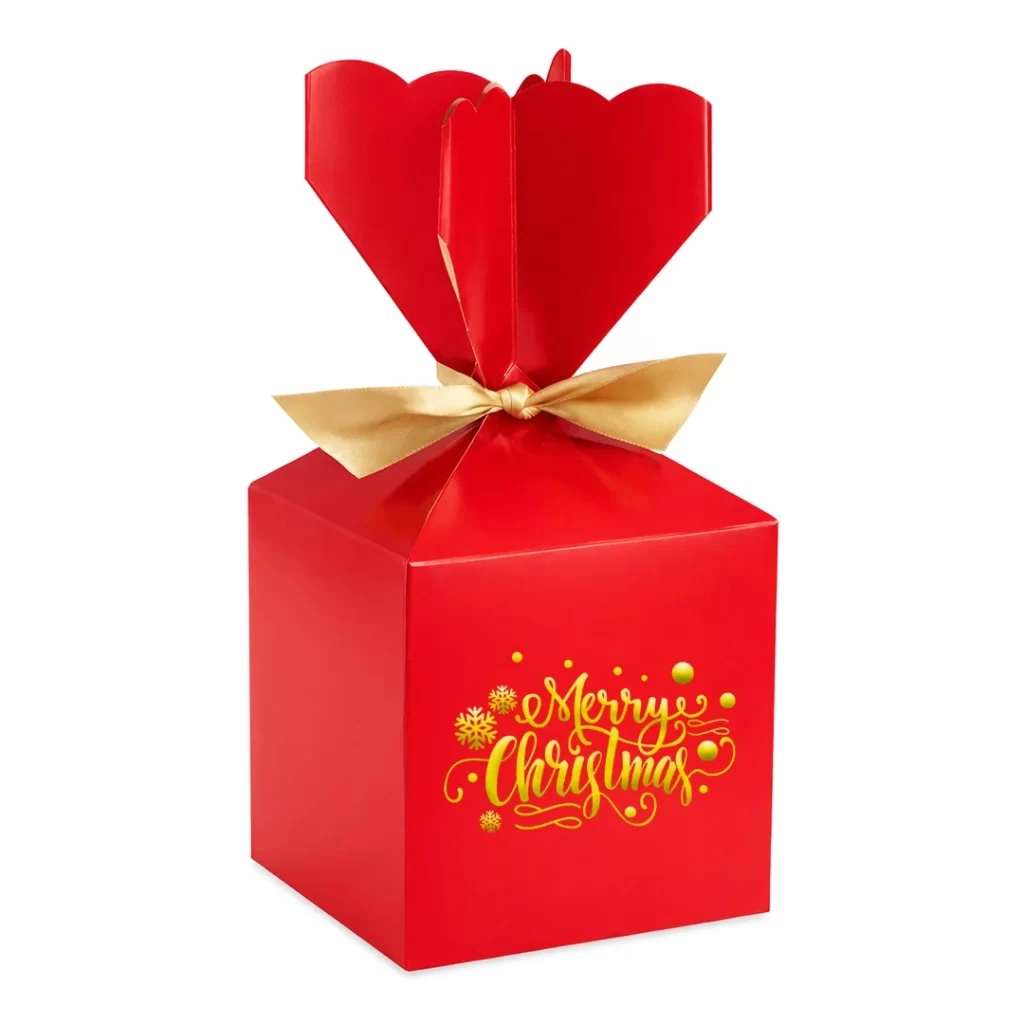 Red festive gift packaging box with gold bow and “Merry Christmas” design, perfect for holiday and seasonal celebrations.