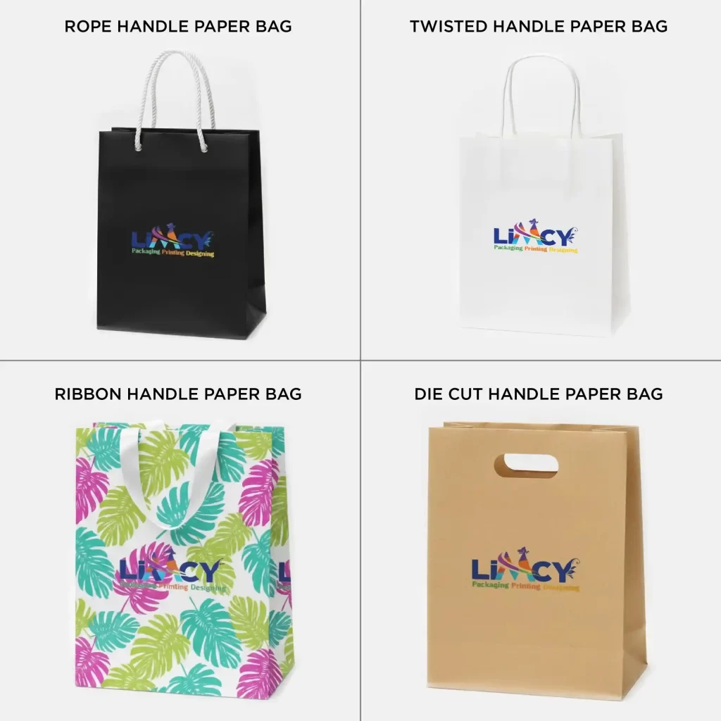 Collage of four paper bag types showing rope handle, twisted handle, ribbon handle, and die-cut handle bags with Limcy Packaging Printing Designing branding.