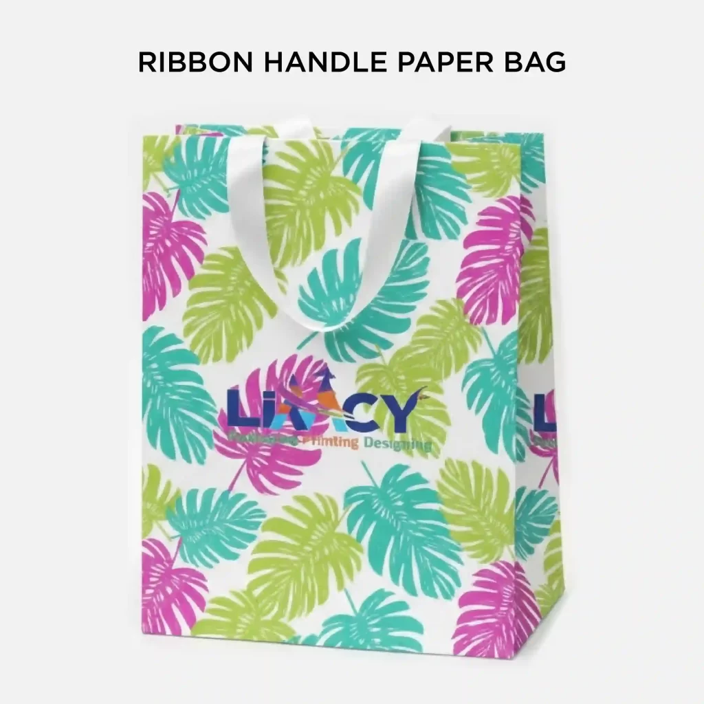 Colorful leaf-pattern ribbon handle paper bag with the Limcy Packaging Printing Designing logo.