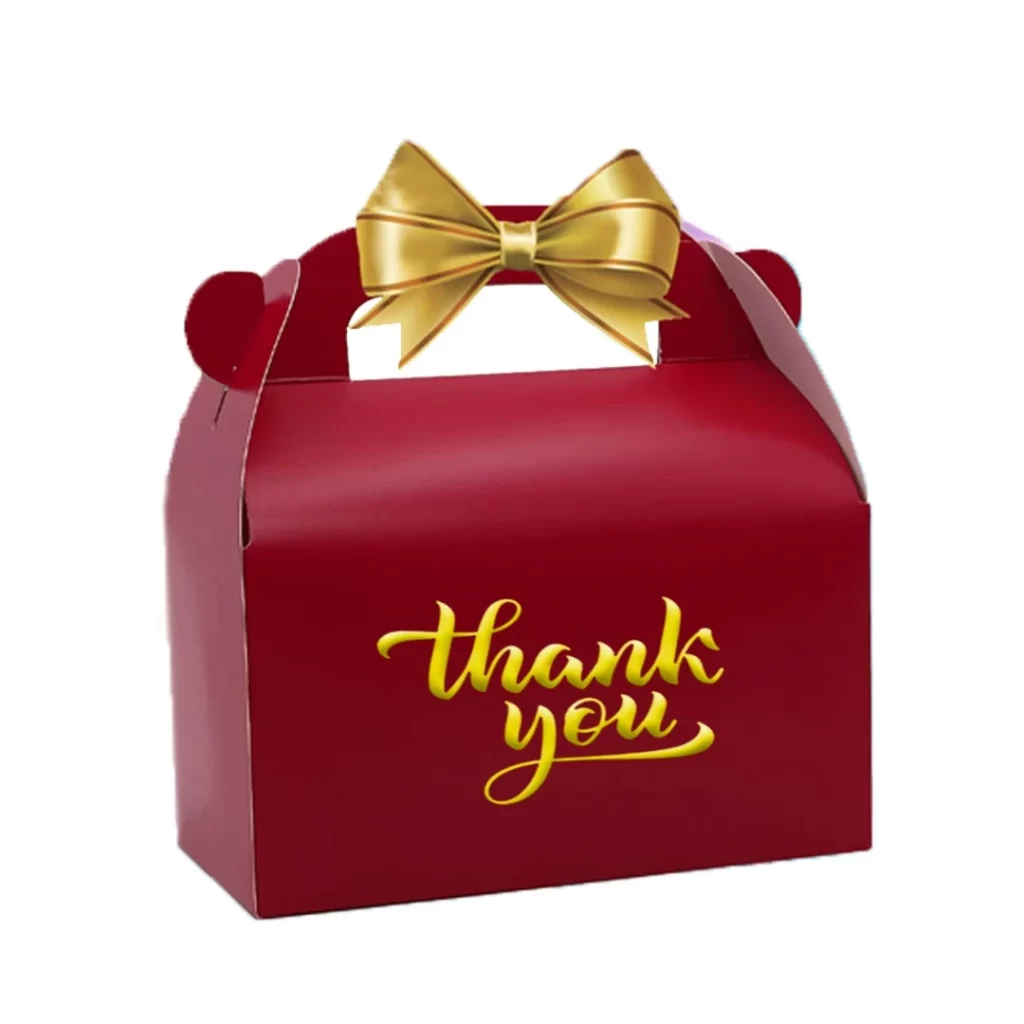 Red thank you gift packaging box with gold ribbon and elegant typography, designed for appreciation and special occasions.