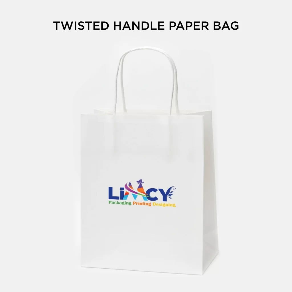 White twisted handle paper bag featuring the Limcy Packaging Printing Designing logo.