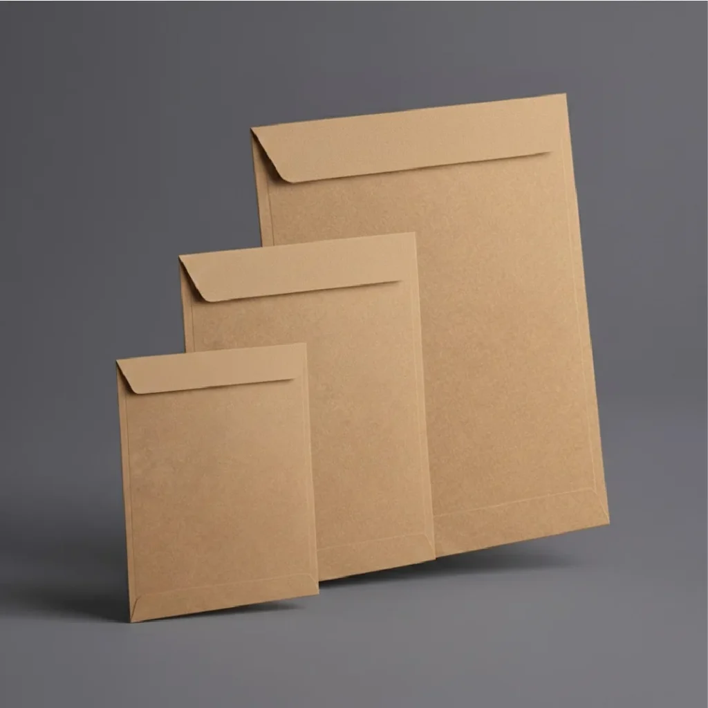 Brown kraft stay flat envelopes in various sizes for durable packaging.
