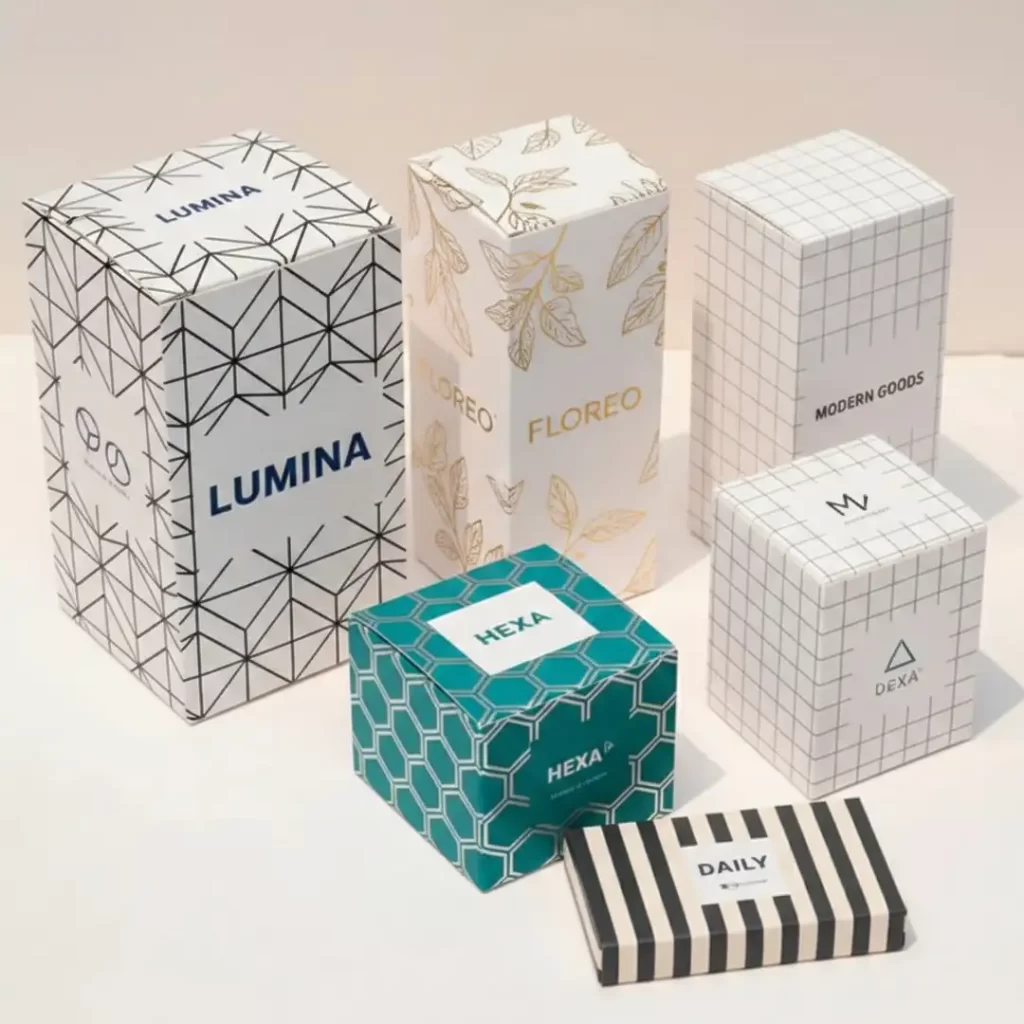 Modern custom packaging boxes with geometric patterns and minimalist branding designs.