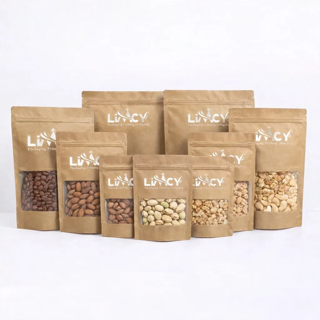 Eco-friendly kraft packaging pouches with resealable zip and natural brown finish.