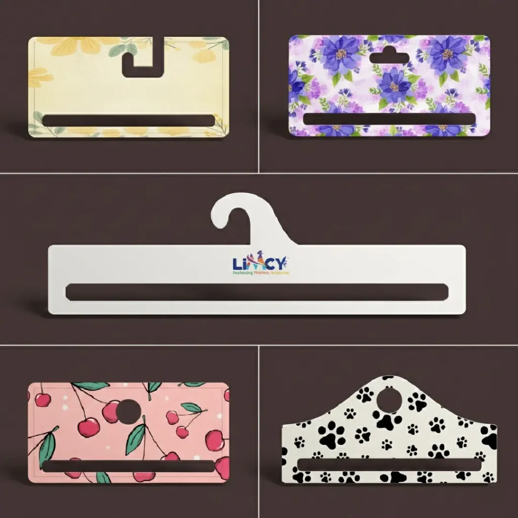 Custom printed cardboard hangers in multiple sizes and styles featuring floral, cherry, paw print, and branded white designs with slot and hook variations.
