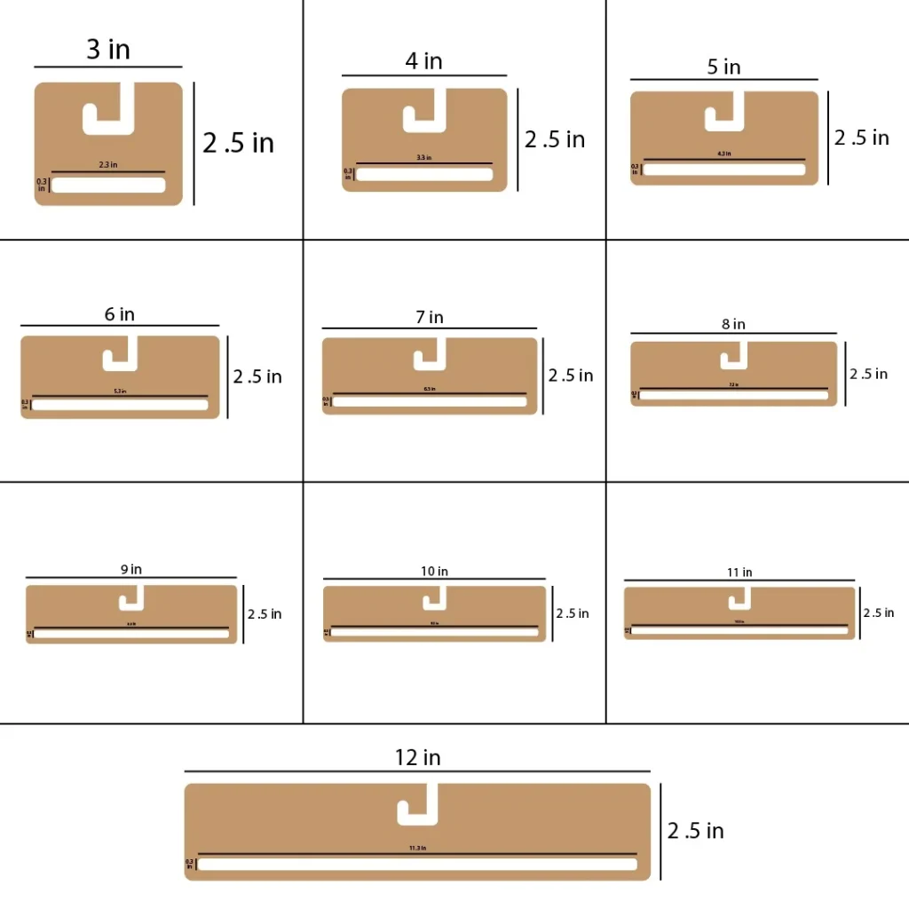 Brown kraft paperboard display hangers in 3 to 12 inch widths with 2.5 inch height, featuring die-cut hook and bottom slot measurements for product hanging.