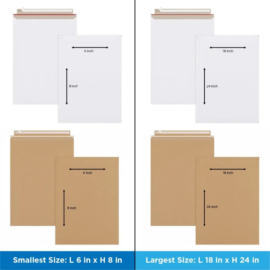 Stay flat mailers showing size comparison, from smallest 6 x 8 inches to largest 18 x 24 inches, in white and kraft paper.
