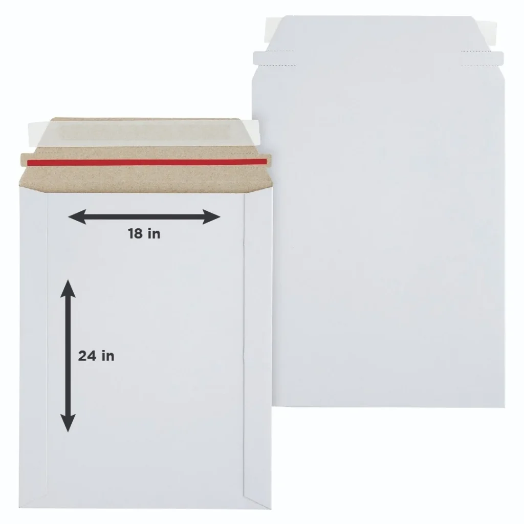Stay flat mailer Sizes 18 x 24 inches in white paperboard.