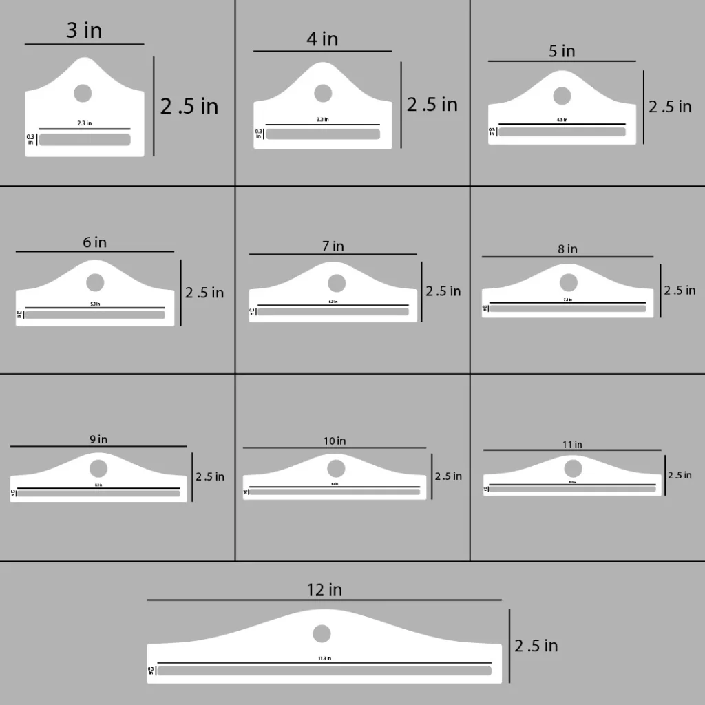White cardboard display hangers available in 3 to 12 inch widths with 2.5 inch height, showing slot and hook cutout dimensions for retail packaging.