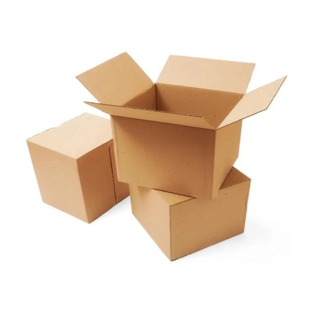 Brown corrugated shipping boxes with one open box and two closed boxes stacked on a white background.