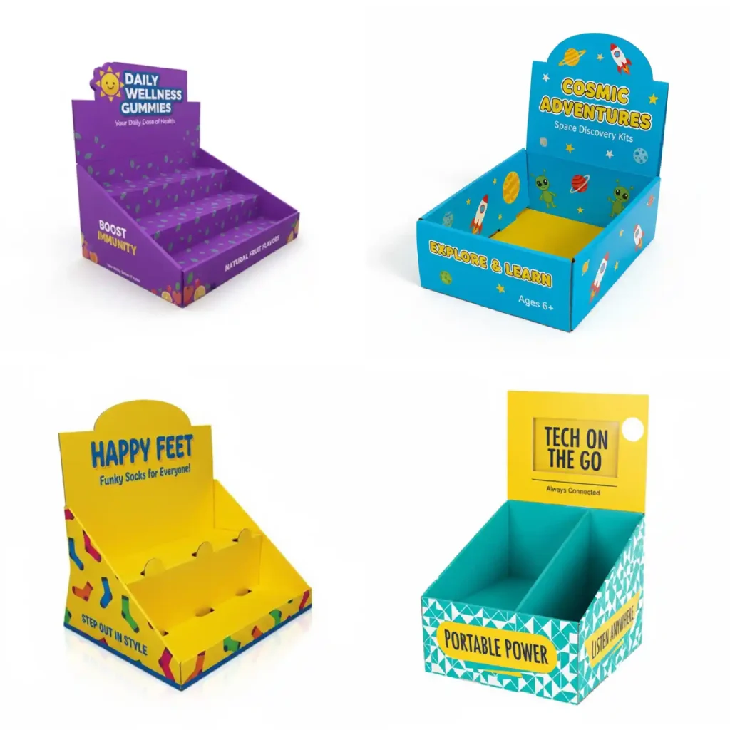 Custom countertop display boxes in colorful designs used for gummies, toys, socks, and portable tech products for retail product presentation.