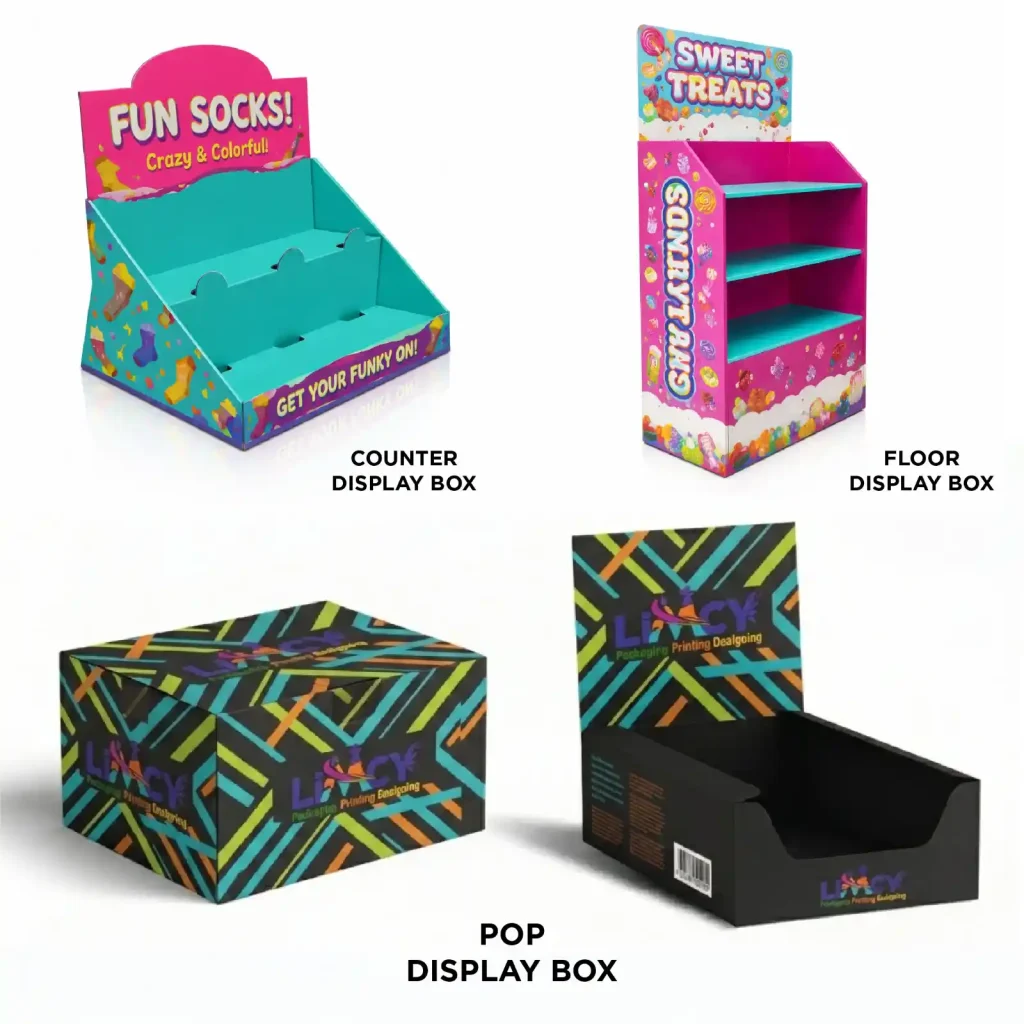 Custom display box sizes featuring colorful counter, floor, and POP retail display boxes.