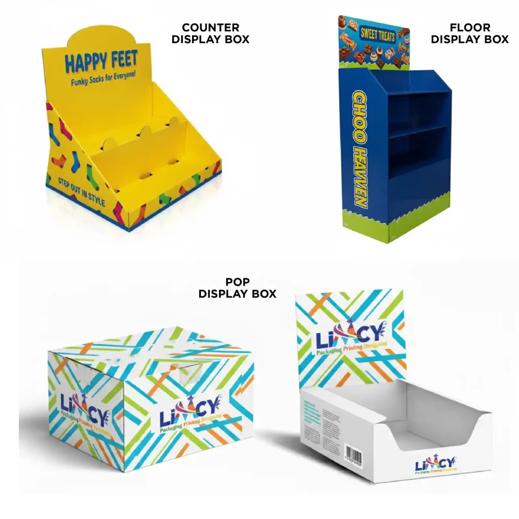 Custom display boxes including a yellow counter display box, blue floor display box, and branded POP display box used for retail product presentation.