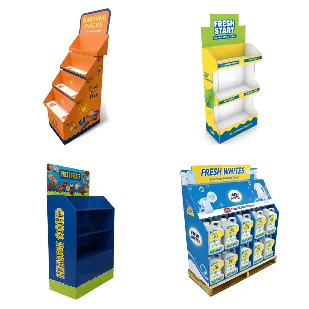 Colorful retail floor display boxes with multiple shelves used for showcasing snacks, cleaning products, sweets, and detergent bottles in stores.