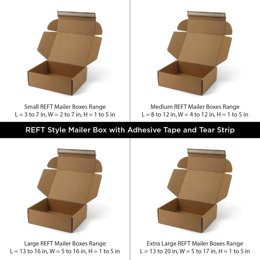 REFT mailer boxes size range guide showing small, medium, large and extra large kraft ecommerce packaging boxes