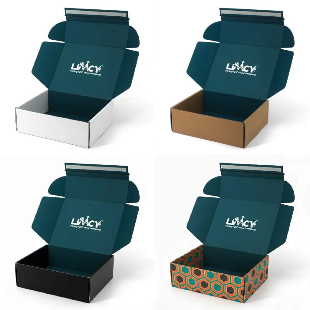 REFT mailer boxes with adhesive tape and tear strip in white, kraft, black, and custom patterned styles, displayed open.