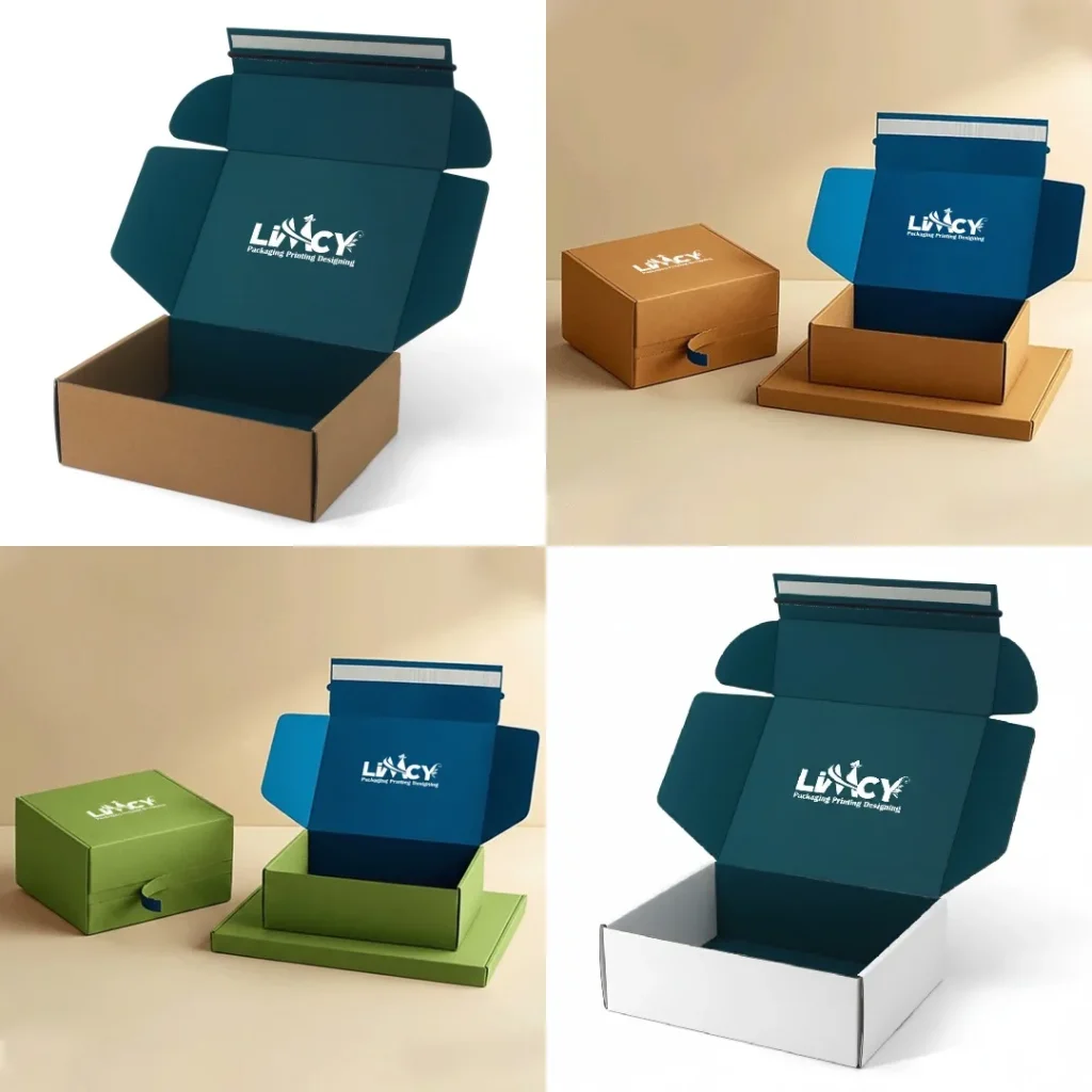 Collage of REFT and RETT mailer boxes with adhesive tape and tear strip in kraft, white, green, and custom printed designs, shown open and closed.
