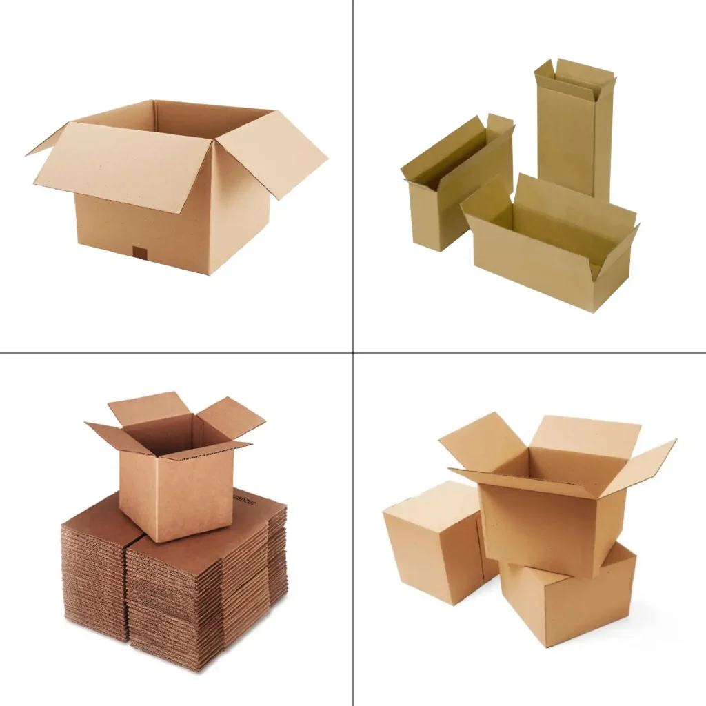 stacked RSC boxes for e-commerce shipping showing corrugated cardboard packing boxes in warehouse.