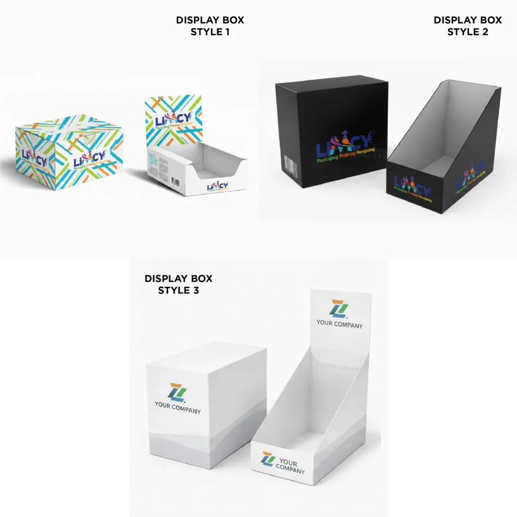 Cardboard custom display boxes in three styles used for retail product presentation and POS marketing.