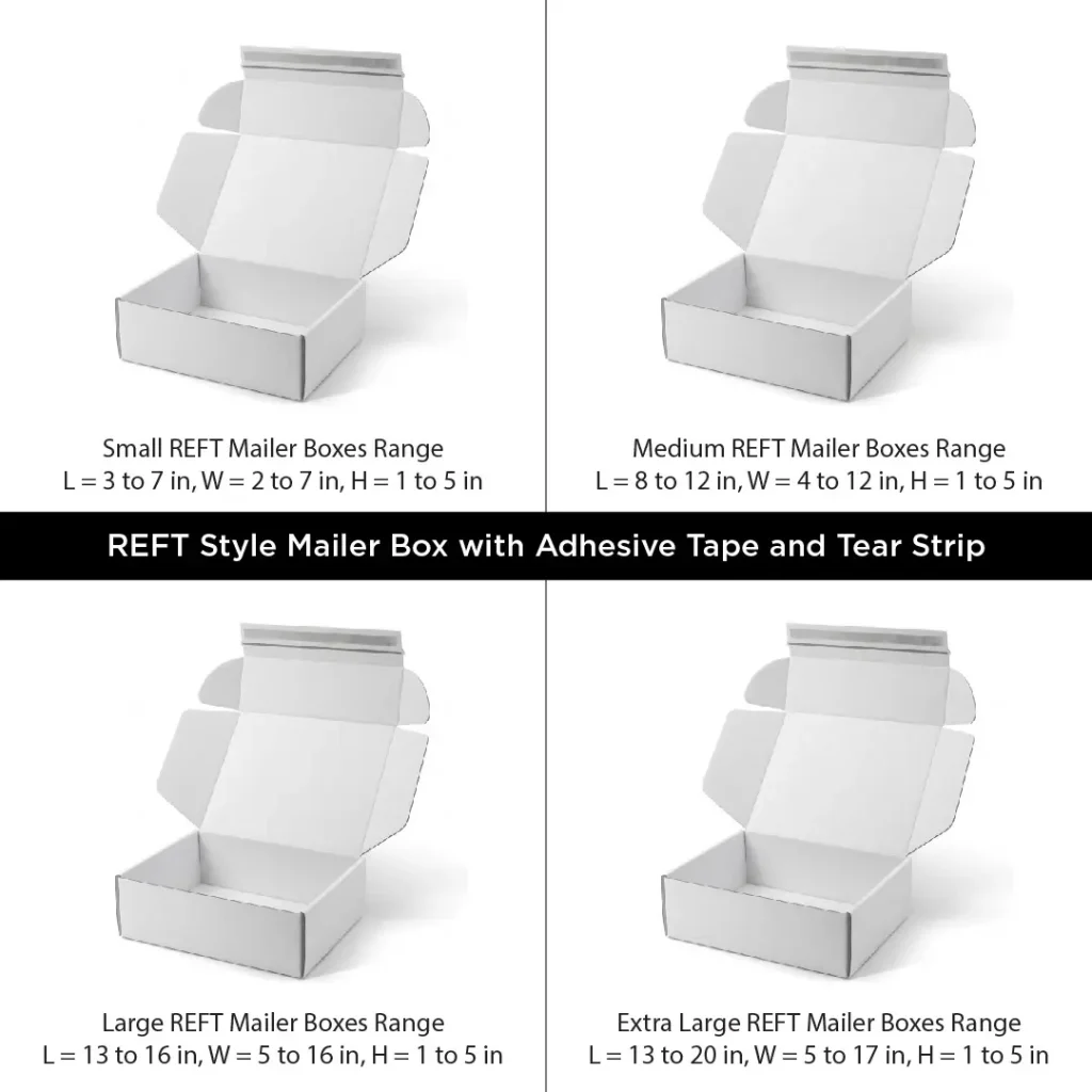 White REFT mailer boxes with tear strip and adhesive tape in multiple ecommerce shipping sizes.