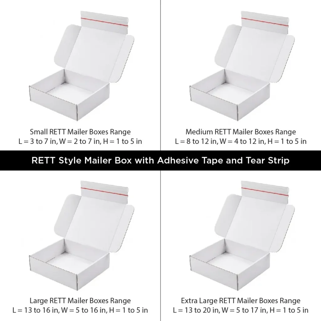 White cardboard RETT style mailer boxes with adhesive tape and tear strip showing small, medium, large, and extra large size ranges.