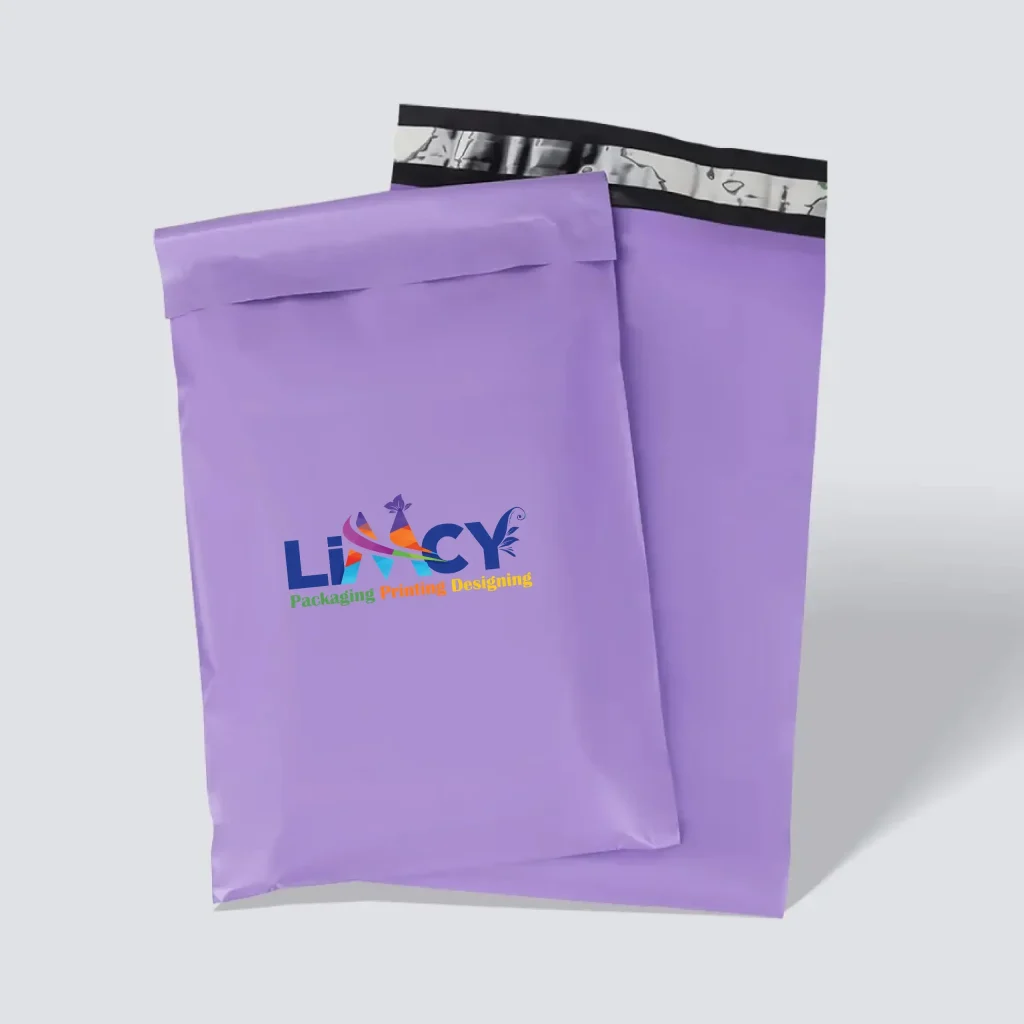 Purple poly mailer packaging bags with adhesive seal and Limcy branding for shipping.