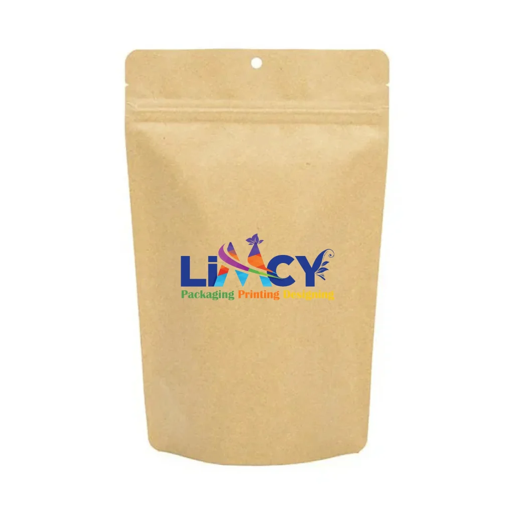 Custom kraft stand-up pouch packaging with Limcy logo for eco-friendly product storage.