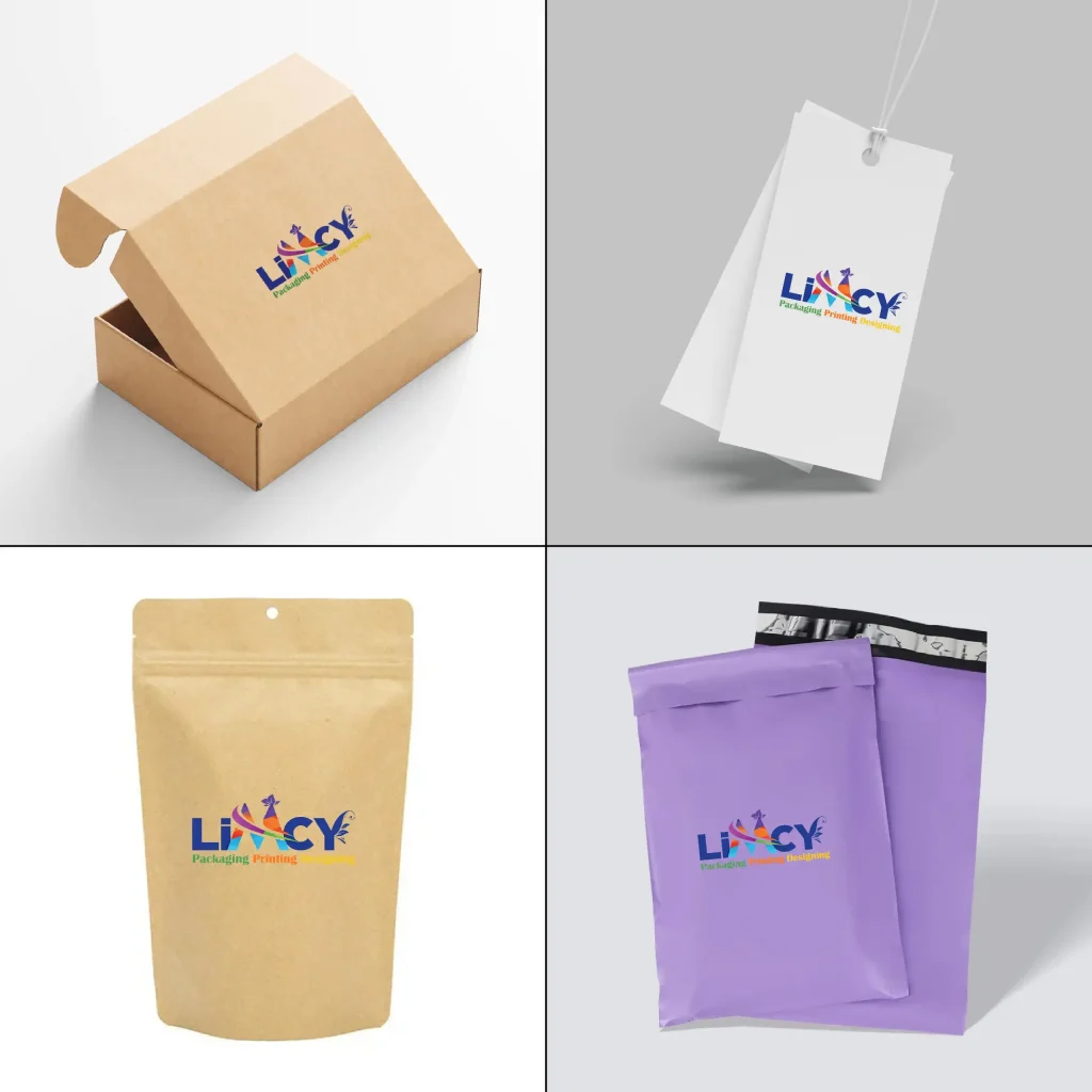 Packaging Solutions for Small Business showing custom box, tags, pouch, and mailer packaging design.
