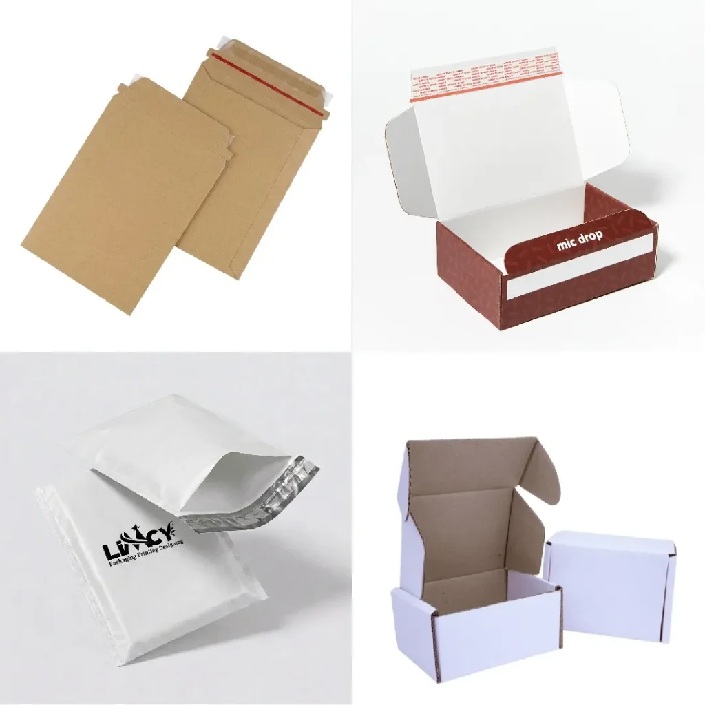 A collage showing different small business packaging solutions including kraft mailers, custom printed mailer boxes, bubble envelopes, and white shipping boxes.