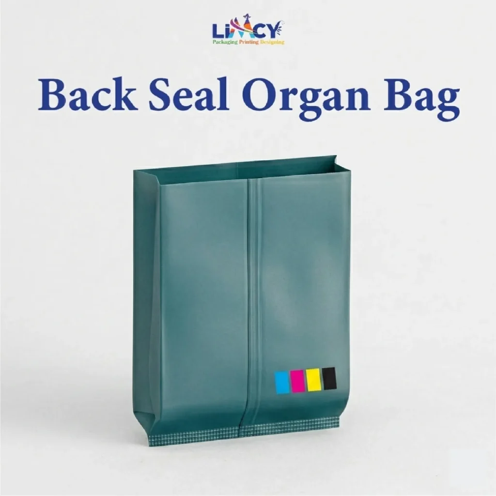 Back seal organ bag with extra storage capacity for bulk packaging.