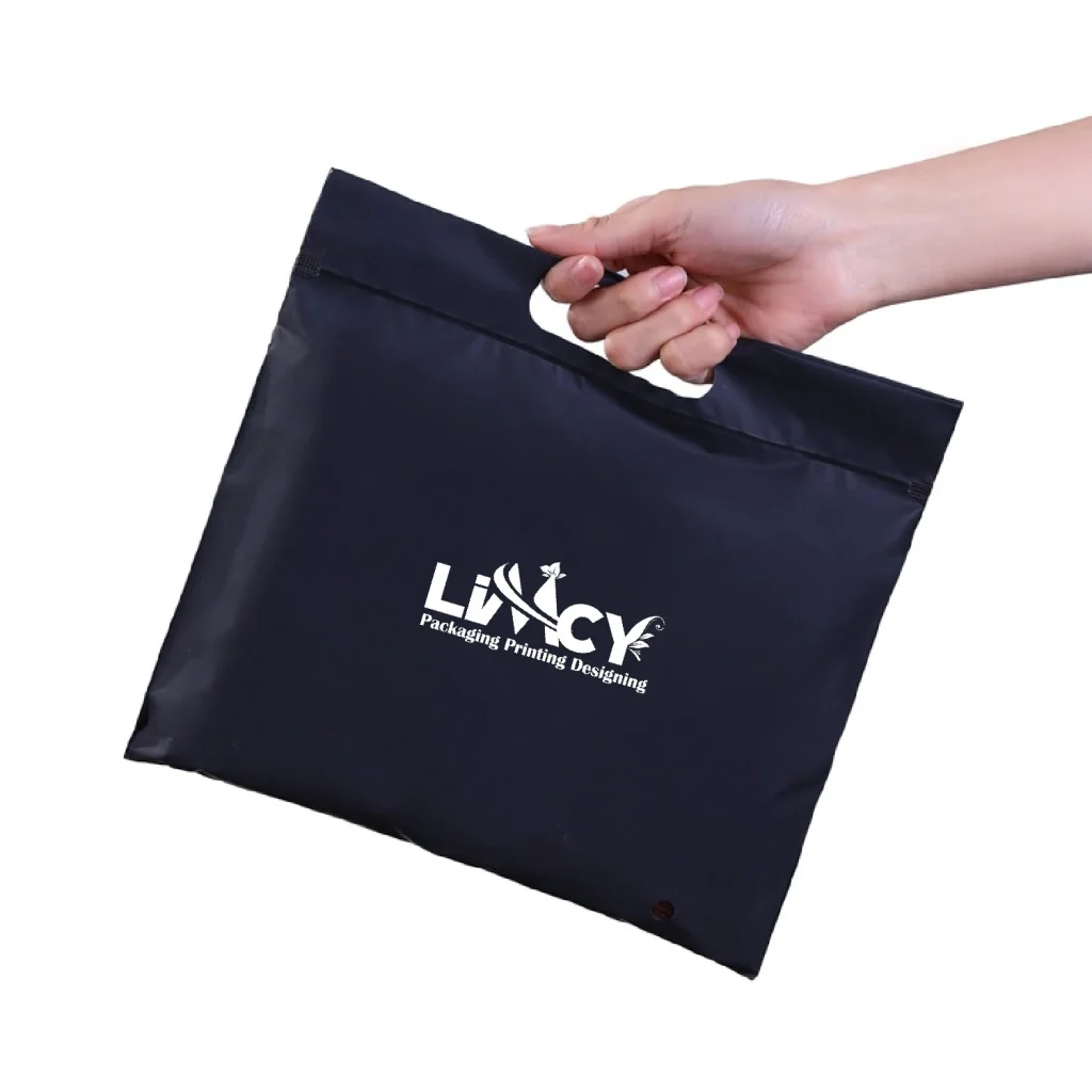 Black ziplock bag with handle and white logo print for premium retail packaging.