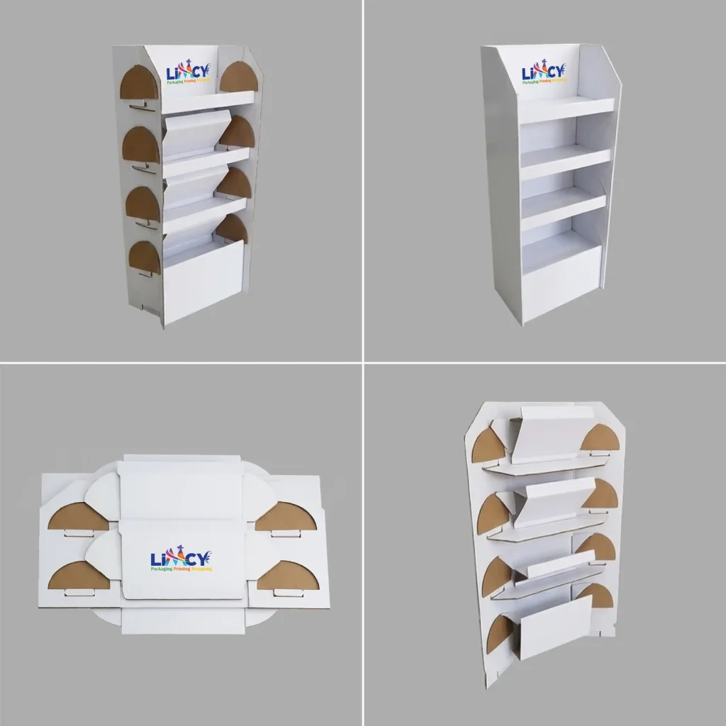 Custom cardboard folding floor display boxes for retail stores with foldable shelves and branded product display design.