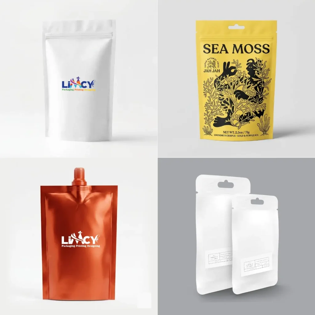 Custom Pouches With Low MOQ for Businesses featuring stand-up pouches, spout pouches, hanging pouches, and custom printed flexible packaging designs.